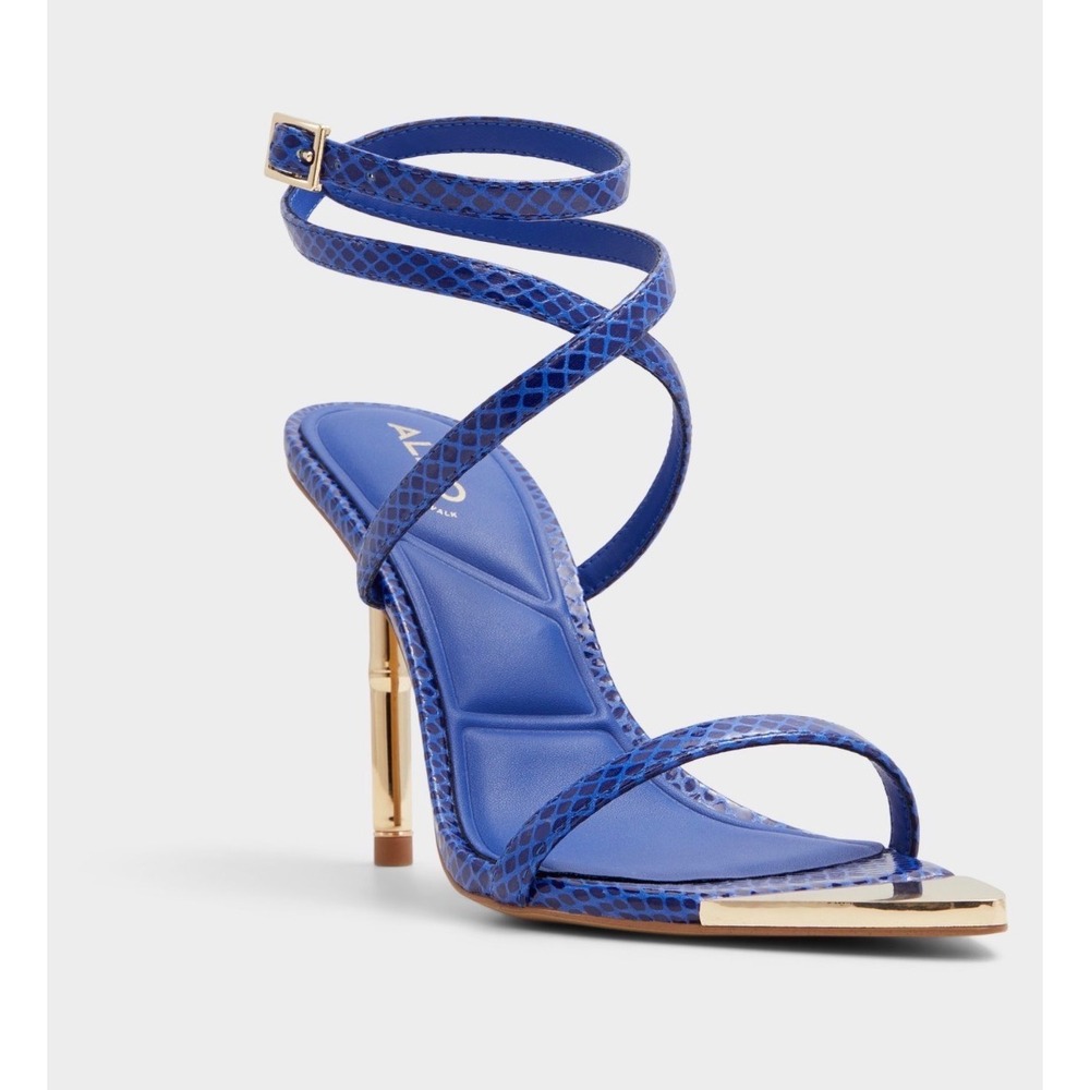 Aldo Bamby Sandals Womens 8 Blue Snakeskin Pillow Walk Gold Stiletto Pointed Toe